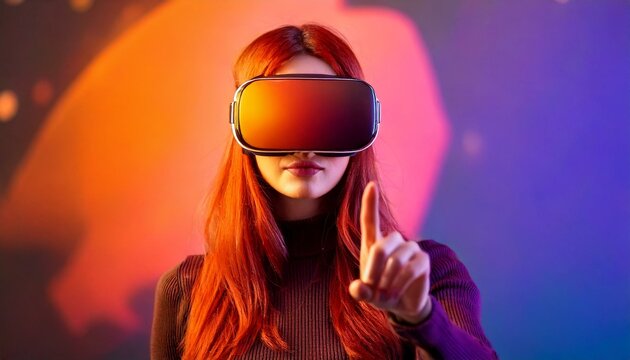 Mo&ccedil;a ruiva jovem moderna usando &oacute;culos de realidade virtual e apontando - Generated image