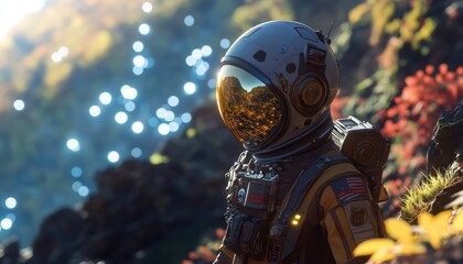 Fototapeta premium Astronaut stands amidst otherworldly glowing orbs on an alien planet