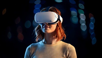 Moça jovem moderna usando óculos de realidade virtual - Generated image