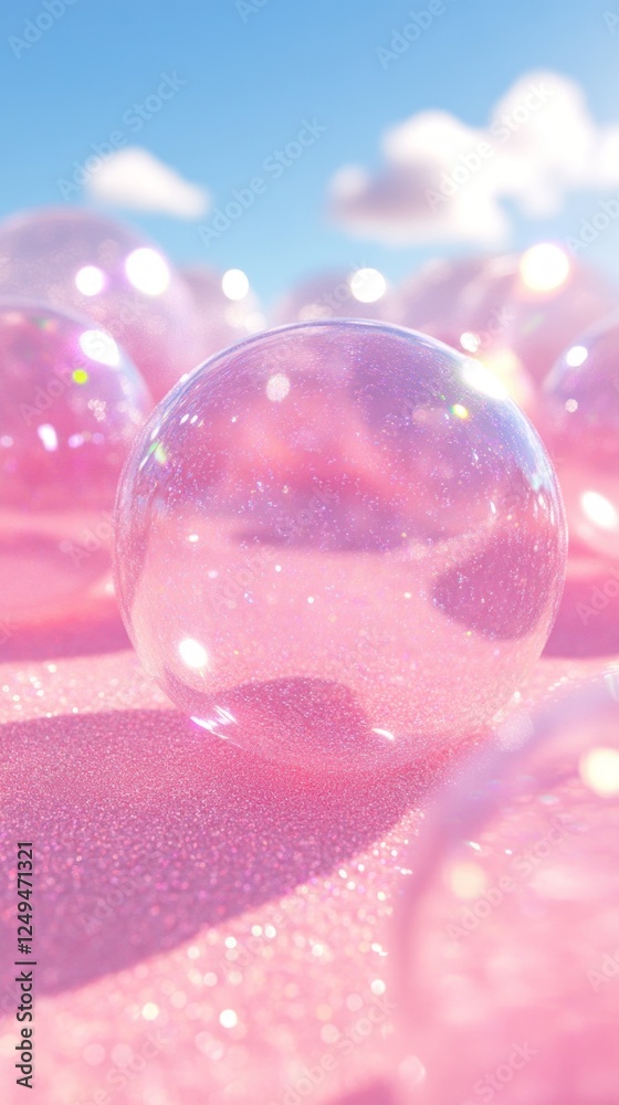 Aufkleber translucent glossy spheres spread across a pink surface, bathed in soft light. the backdrop features