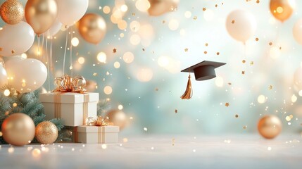 Graduation celebration event with floating hat and gifts festive atmosphere indoor setting celebratory view joyful graduation concept