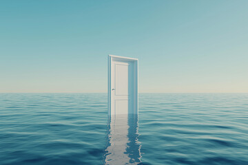 An open white door floating on the water, symbolizing hope and new beginnings. This concept conveys a message about future possibilities and open spaces in real estate