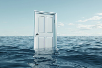 An open white door floating on the water, symbolizing hope and new beginnings. This concept conveys a message about future possibilities and open spaces in real estate