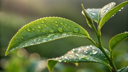 Fresh green leaves glistening with water droplets after recent rain in a natural setting showcasing beauty and vitality of nature
