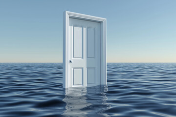 An open white door floating on the water, symbolizing hope and new beginnings. This concept conveys a message about future possibilities and open spaces in real estate