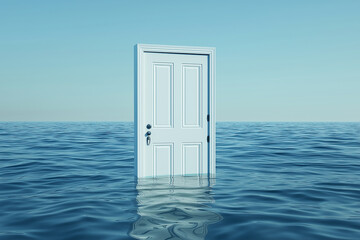 An open white door floating on the water, symbolizing hope and new beginnings. This concept conveys a message about future possibilities and open spaces in real estate