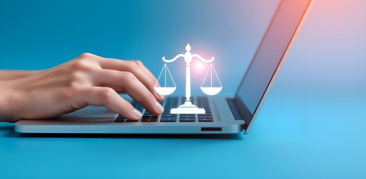 Typing hands on a laptop on a blue backdrop with a holographic justice scale icon overlay.