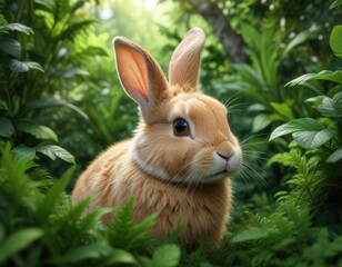Soft fluffy bunny hiding in dense green foliage, lush plants, hidden animal, foliage concealment