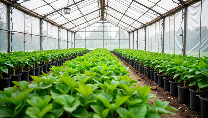 Rows of plants inside a greenhouse, for web content, presentations, educational materials, and promoting agricultural themes