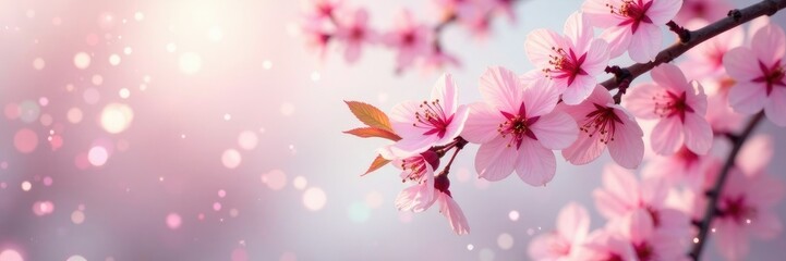 Obraz premium Soft focus pink cherry blossom branch with white background and twinkling lights, garden, twinkling