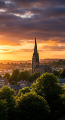 Fototapeta premium Golden Hour Majesty: Church Steeple & Sunset over Irish Town. Serene Cityscape, Gothic Architecture, Breathtaking View.