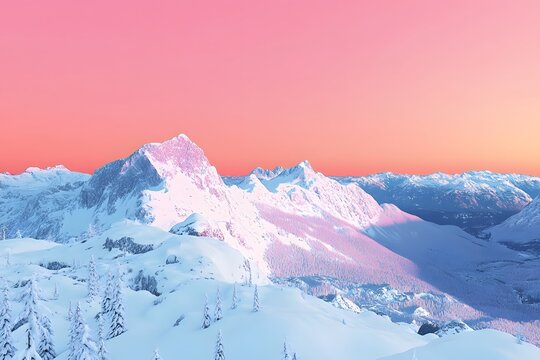 Pink sunset over snowy mountain range, winter landscape, aerial view