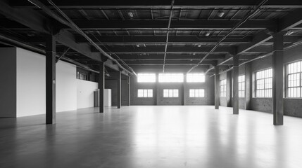 Naklejka premium Spacious and empty industrial interior with natural light and windows