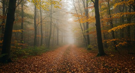 Obraz premium Serene autumn forest path surrounded by colorful foliage under a misty atmosphere