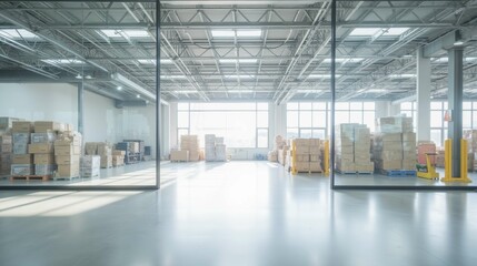 Fototapeta premium Bright and Spacious Warehouse Interior with Stacked Boxes and Pallets