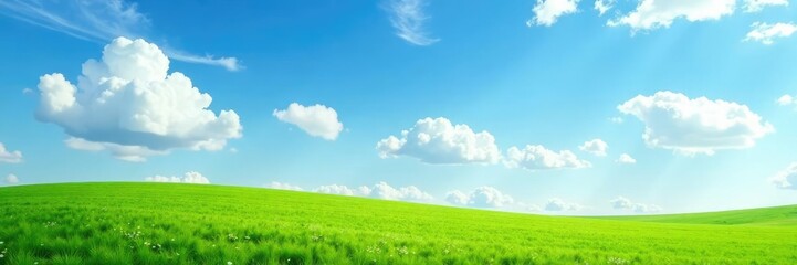 Fototapeta premium Softly scattered white clouds float above a serene green meadow, nature, grass, blue sky