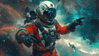 Obraz premium An astronaut points outwards in the depths of outer space