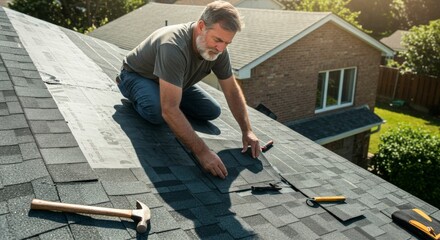 Man Installing Roof Shingles on a Residential Home Under Bright Sunlight with Lush Greenery