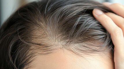 Close up of thinning hair strands under bright light, showcasing scalp and hair texture. image highlights delicate nature of hair and impact of light on its appearance