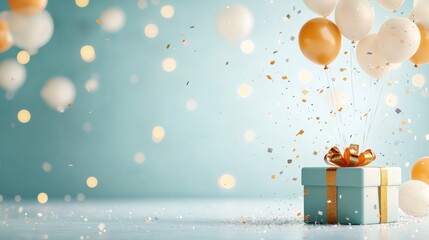 Festive celebration surprise with colorful balloons and a gift box bright indoor setting party atmosphere joyful concept