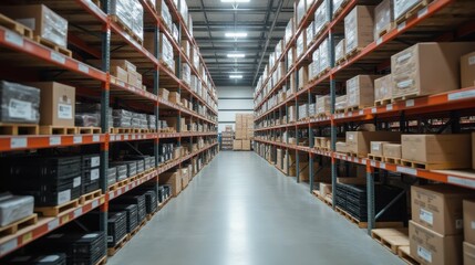 Spacious Warehouse Aisle with Neatly Stacked Inventory Shelves