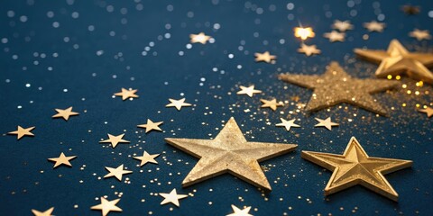 Sparkling stars on a dark blue background with golden hues, blue, radiant