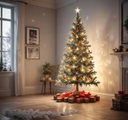 Sparkly tinsel Christmas tree in a bright room, sparkly tinsel christmas tree, colorful lights on tree