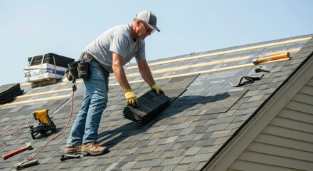 Fototapeta premium Roofer installing shingles on a house under a clear sky, showcasing construction and craftsmanship