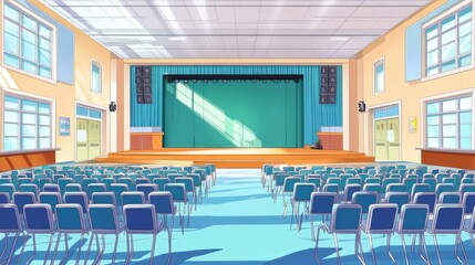Fototapeta premium Spacious auditorium with empty rows of chairs, a stage, and bright lighting creating a welcoming atmosphere