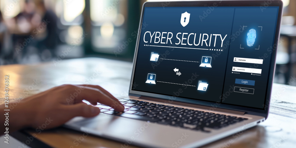 Poster cyber security system on computer screen protect private information brisk from hacker and cyber att