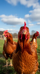 Naklejka premium Chicken Close-Up: Curious Hens in the Meadow - Poultry Portraits, Farm Life Photography, Rural Scene, Livestock Images.