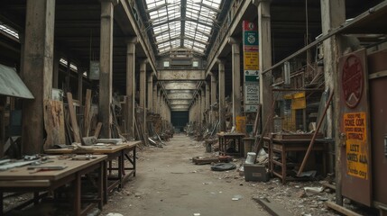 Abandoned Warehouse Interior with Empty Aisles and Dusty Worktables
