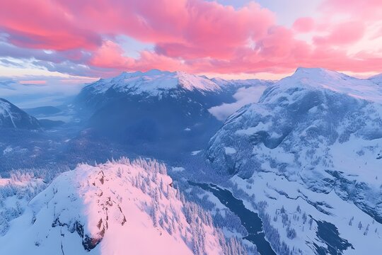 Pink sunrise over snowy mountain range, aerial view (1)