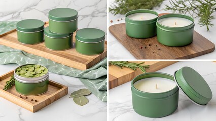 A collage showcasing a collection of green candles in metal tin containers