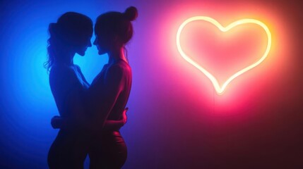 Digital lovers embrace, neon hearts aglow