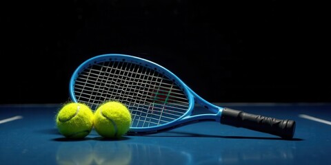 A vibrant blue tennis racket rests elegantly on a sleek, dark blue court, accompanied by two bright yellow tennis balls, ready for an exhilarating game.