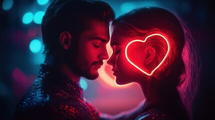 Digital lovers embrace, neon hearts aglow