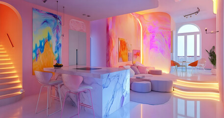 
The interior design of a small kitchen and living room features a modern style with pastel colors, minimalistic furniture, a colorful wall painting.