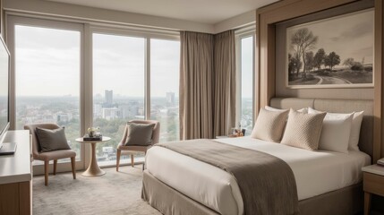 Obraz premium Modern hotel room interior with city view and elegant decor