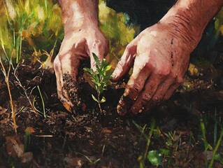 Hands planting a young green sapling into rich soil during a bright sunny day in a garden while nurturing the environment and promoting sustainability