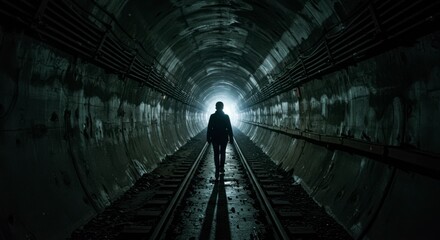 A solitary figure walking through a dark tunnel with light at the end, evoking mystery and solitude