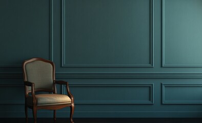 Elegant armchair against teal paneled wall.