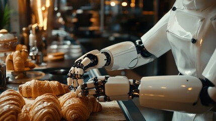 Close-up of a robot assistant preparing a fresh croissant before open time in a warm bakery.