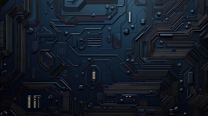 Dark navy blue gradient with metallic textures and circuit patterns