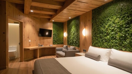 Fototapeta premium Cozy Modern Hotel Room with Green Wall and Wooden Decor Elements
