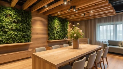 Fototapeta premium Modern Wooden Conference Room with Greenery and Natural Light