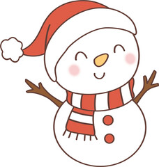 Hand-drawn a cheerful snowman wearing a red hat and a striped scarf, with a happy expression and stick arms.