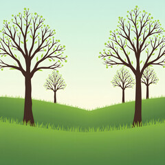 Fototapeta premium A minimalist park scene in spring featuring fresh green grass and budding trees bathed in soft natural light creating a serene atmosphere