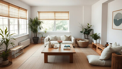 Fototapeta premium Modern Japan Living Room with Tatami and Scandinavian Furniture