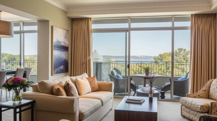 Fototapeta premium Elegant Living Room with Scenic View Overlooking Water and Nature